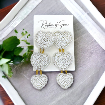 Beaded Heart Earrings - Boho Earrings, Bohemian Style, Kentucky Derby, Beaded Earrings, Beaded Jewelry, Valentine’s Day, Heart Accessories - Rhythms of Grace Creative
