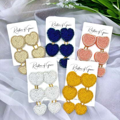 Beaded Heart Earrings - Boho Earrings, Bohemian Style, Kentucky Derby, Beaded Earrings, Beaded Jewelry, Valentine’s Day, Heart Accessories - Rhythms of Grace Creative
