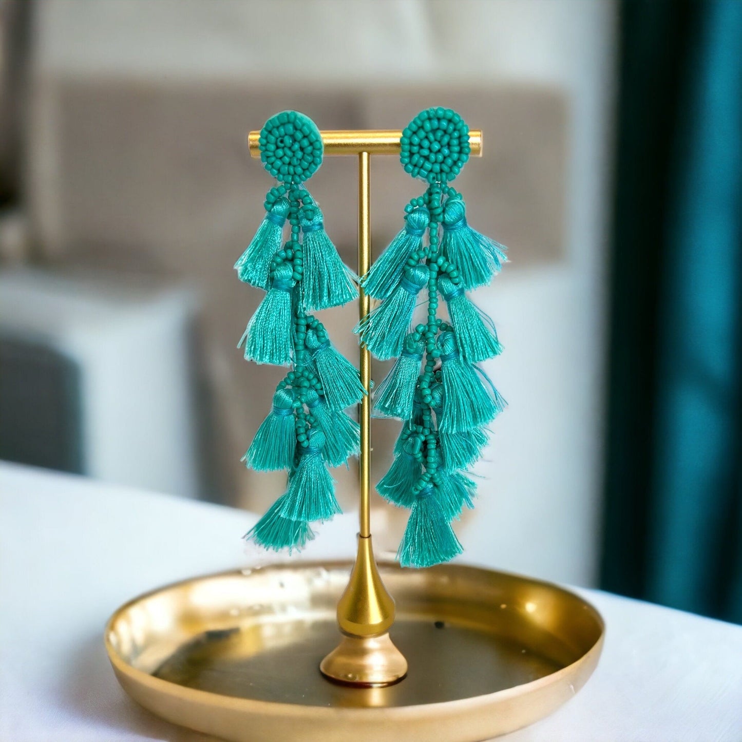 Teal Tassel Beaded Dangle Earrings - A Boho Dream! - Rhythms of Grace Creative
