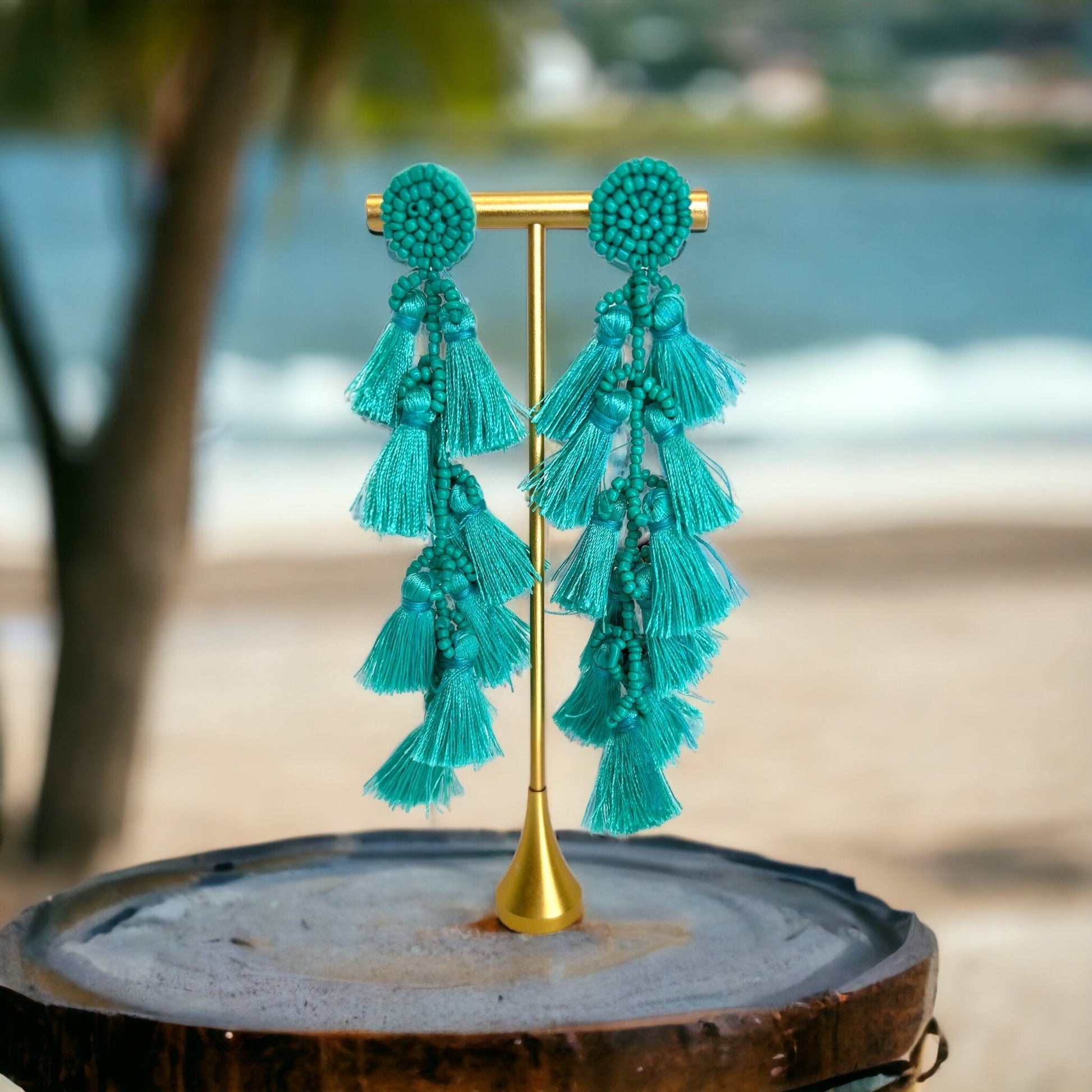Teal Tassel Beaded Dangle Earrings - A Boho Dream! - Rhythms of Grace Creative