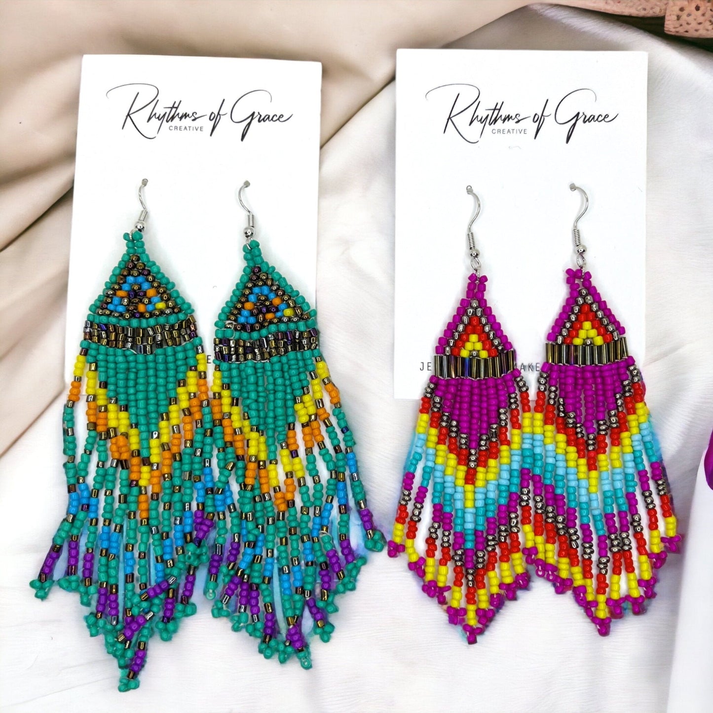 Boho Beaded Earrings - Boho Earrings, Bohemian Style, Hot Pink, Beaded Accessories, Handmade Jewelry, Blue Green - Rhythms of Grace Creative