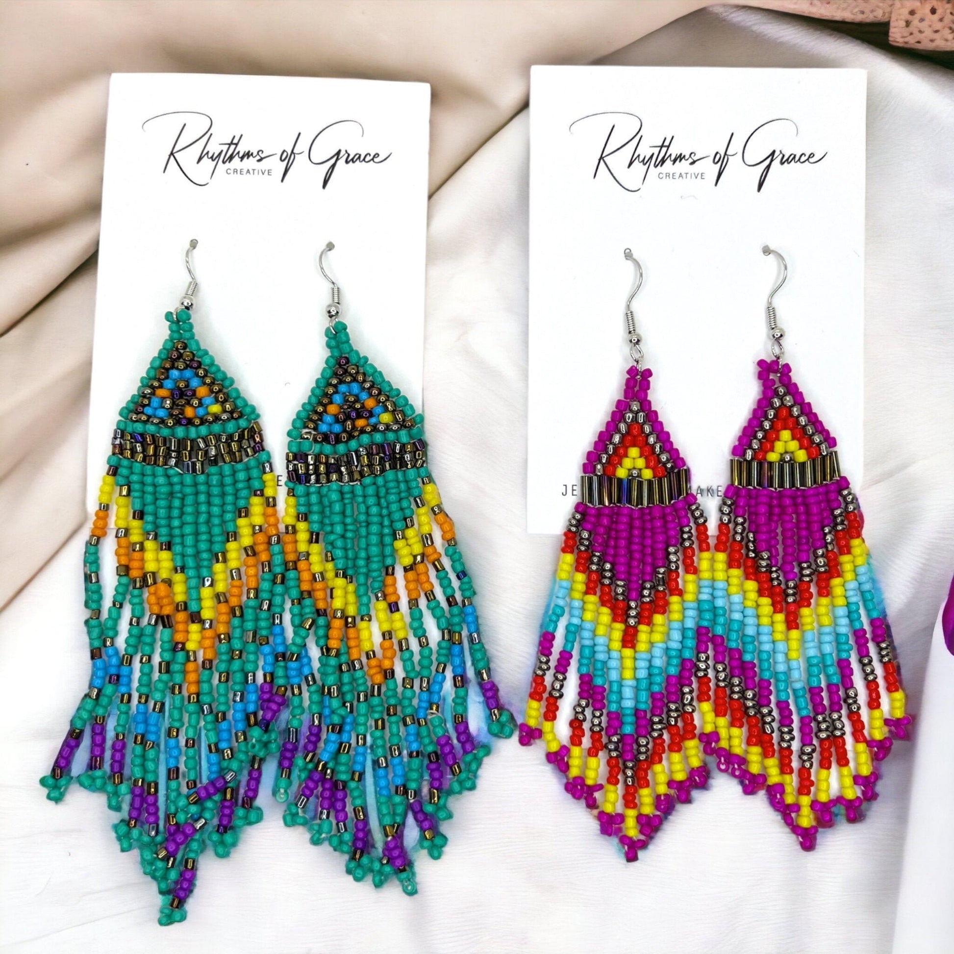 Boho Beaded Earrings - Boho Earrings, Bohemian Style, Hot Pink, Beaded Accessories, Handmade Jewelry, Blue Green - Rhythms of Grace Creative