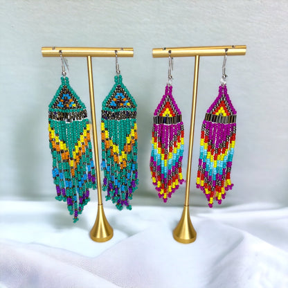 Boho Beaded Earrings - Boho Earrings, Bohemian Style, Hot Pink, Beaded Accessories, Handmade Jewelry, Blue Green - Rhythms of Grace Creative