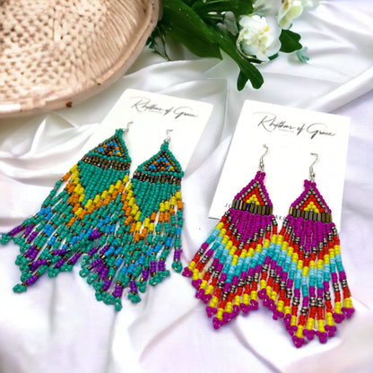 Boho Beaded Earrings - Boho Earrings, Bohemian Style, Hot Pink, Beaded Accessories, Handmade Jewelry, Blue Green - Rhythms of Grace Creative