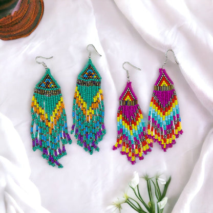 Boho Beaded Earrings - Boho Earrings, Bohemian Style, Hot Pink, Beaded Accessories, Handmade Jewelry, Blue Green - Rhythms of Grace Creative