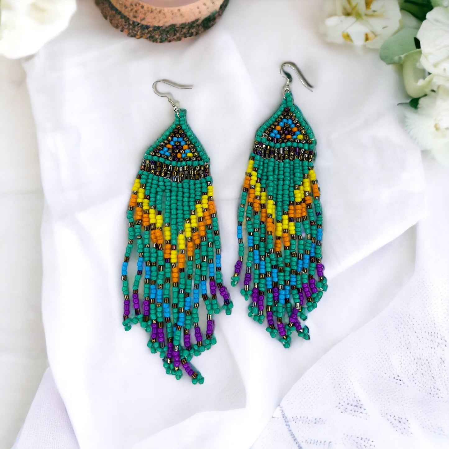 Boho Beaded Earrings - Boho Earrings, Bohemian Style, Hot Pink, Beaded Accessories, Handmade Jewelry, Blue Green - Rhythms of Grace Creative