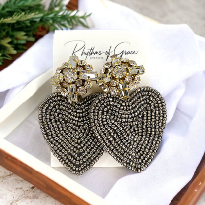 Beaded Heart Earrings - Rhinestone Earrings, Boho Earrings, Bohemian Style, Kentucky Derby, Rose Earrings, Handmade Jewelry, Anniversary - Rhythms of Grace Creative