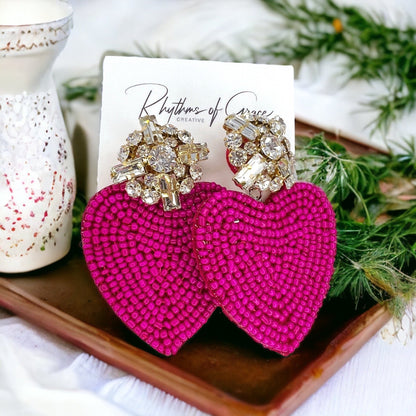 Beaded Heart Earrings - Rhinestone Earrings, Boho Earrings, Bohemian Style, Kentucky Derby, Rose Earrings, Handmade Jewelry, Anniversary - Rhythms of Grace Creative