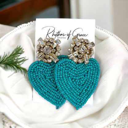 Beaded Heart Earrings - Rhinestone Earrings, Boho Earrings, Bohemian Style, Kentucky Derby, Rose Earrings, Handmade Jewelry, Anniversary - Rhythms of Grace Creative