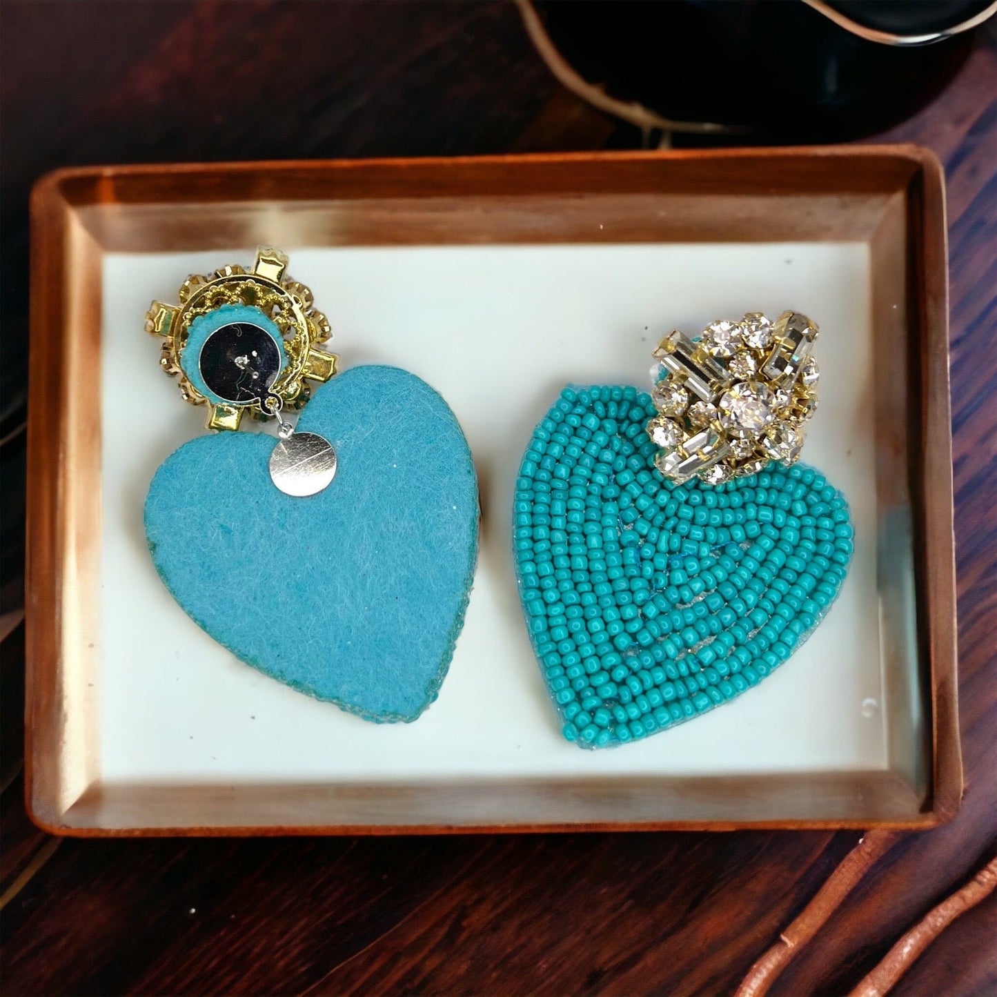 Beaded Heart Earrings - Rhinestone Earrings, Boho Earrings, Bohemian Style, Kentucky Derby, Rose Earrings, Handmade Jewelry, Anniversary - Rhythms of Grace Creative