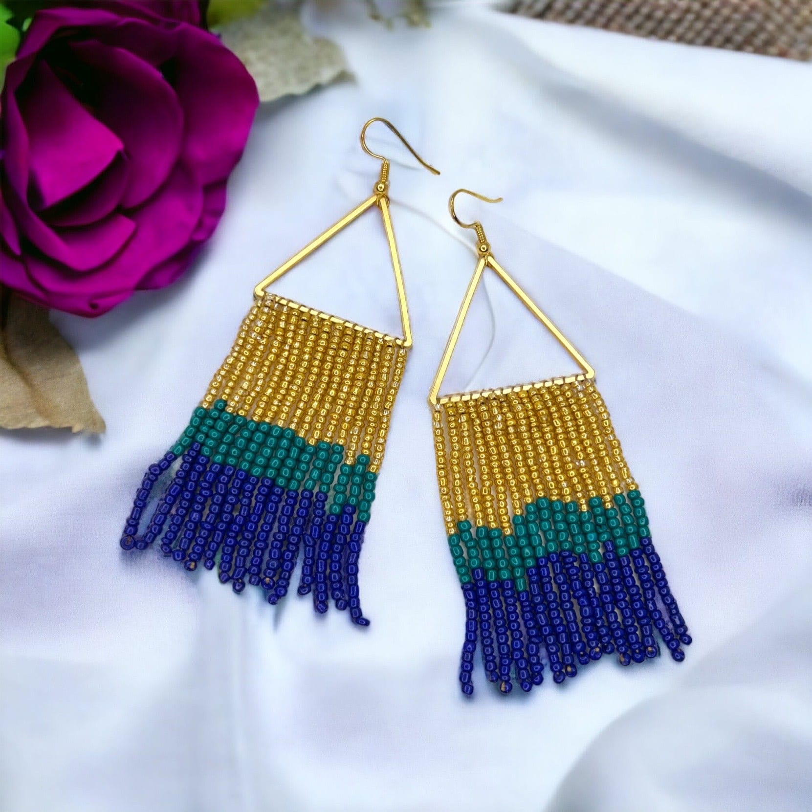 Boho Bliss: Dazzling Blue, Green & Gold Beaded Dangle Earrings - Rhythms of Grace Creative