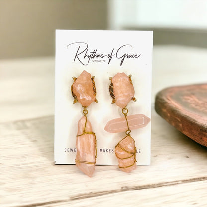 Crystal Earrings, Easter Accessories, Gemstone Earrings, Peach Earrings, Handmade Earrings, Geode, Crystal Accessories, Goddess Earrings - Rhythms of Grace Creative