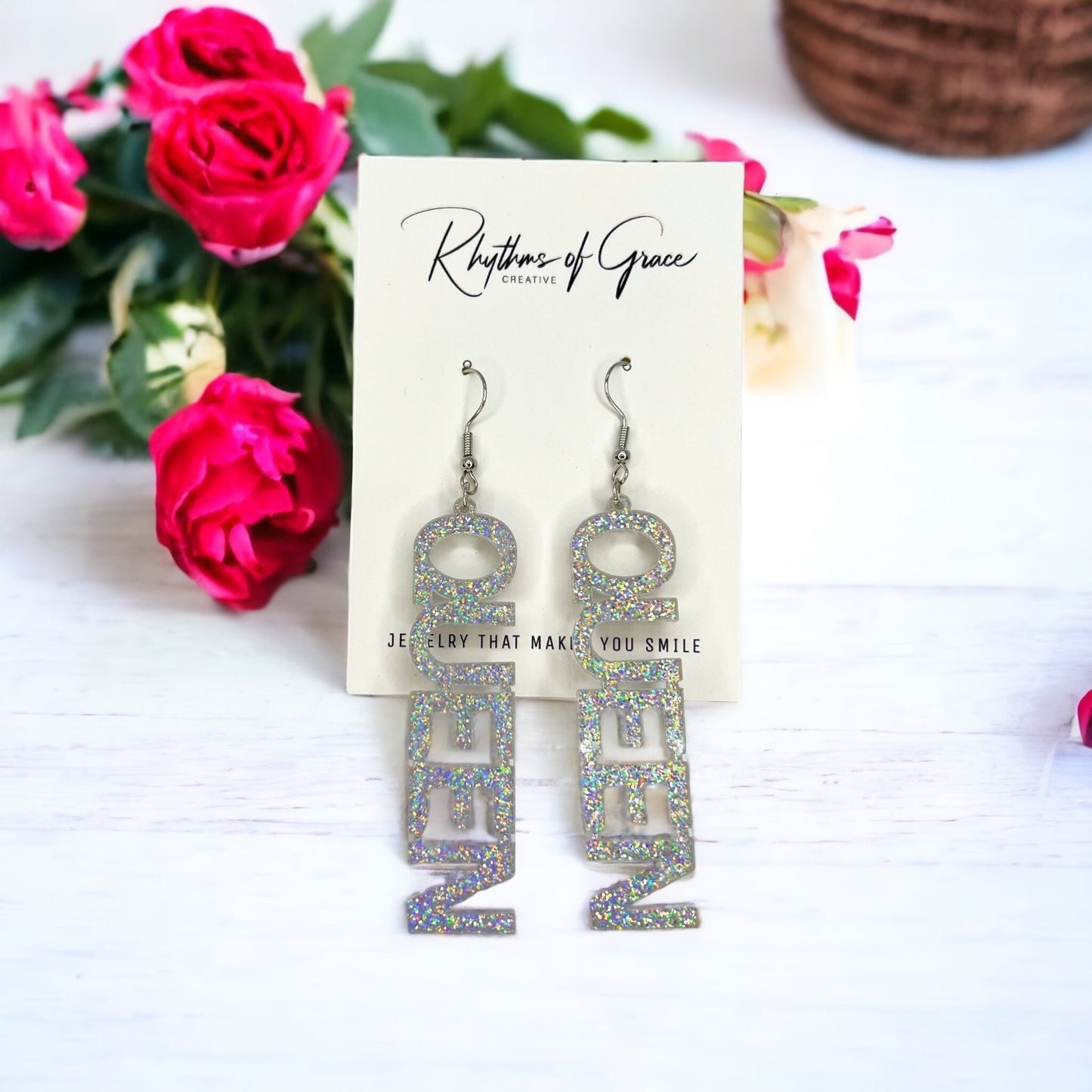 Queen Earrings - Birthday Queen, Bachelorette Earrings, Bachelorette Accessories, Queen Jewelry, Word Earrings, Glitter Earrings, Bride - Rhythms of Grace Creative