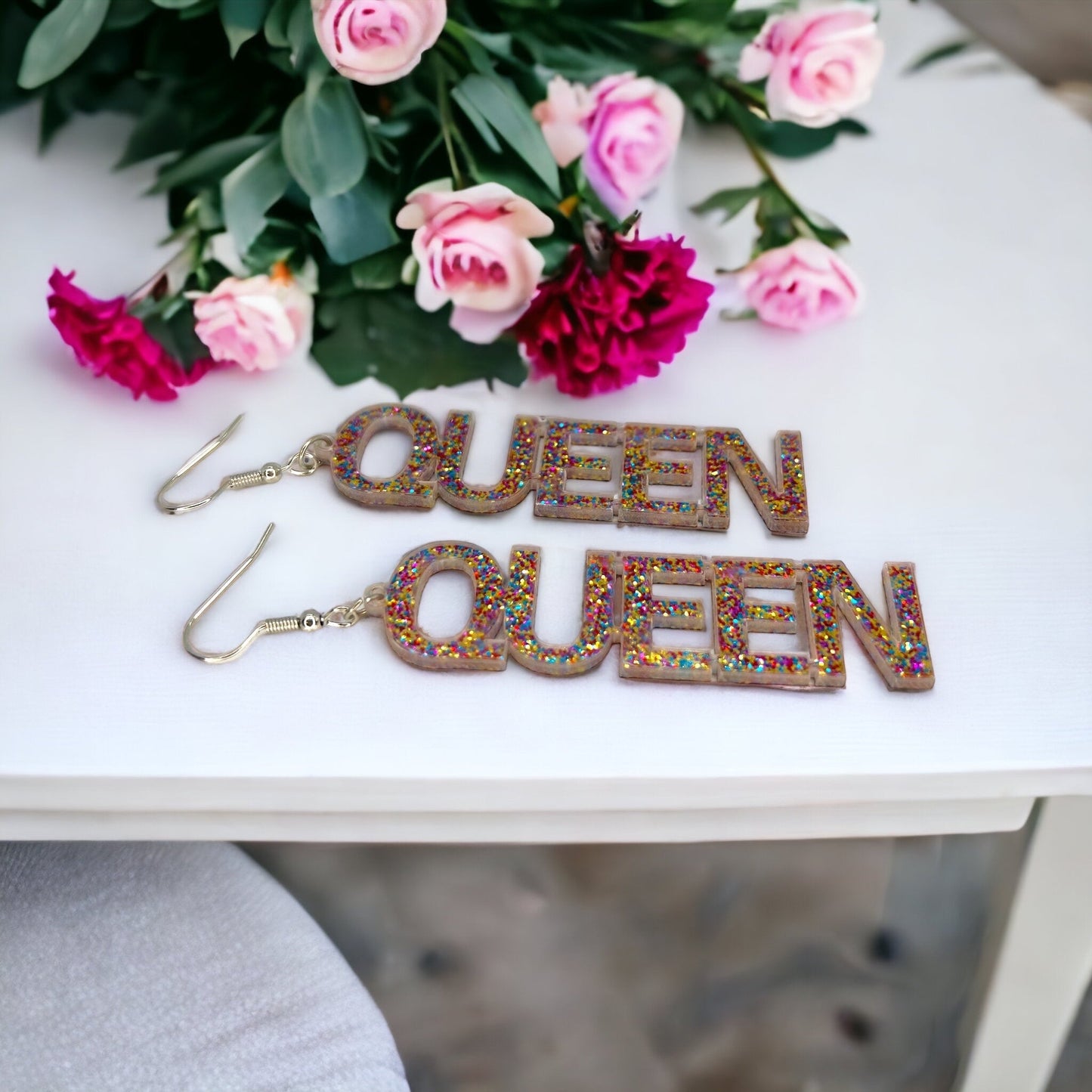 Queen Earrings - Birthday Queen, Bachelorette Earrings, Bachelorette Accessories, Queen Jewelry, Word Earrings, Glitter Earrings, Bride - Rhythms of Grace Creative