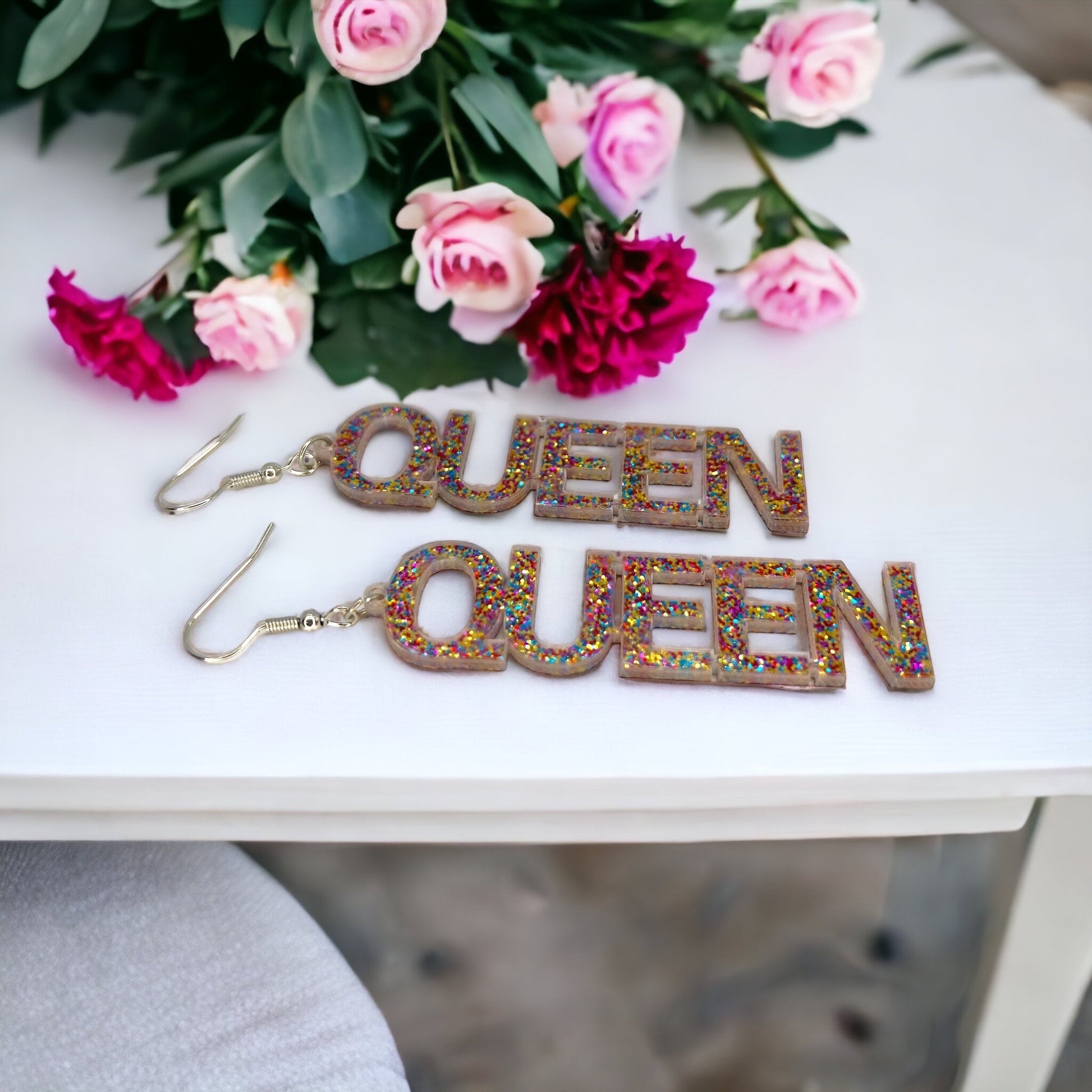 Queen Earrings - Birthday Queen, Bachelorette Earrings, Bachelorette Accessories, Queen Jewelry, Word Earrings, Glitter Earrings, Bride - Rhythms of Grace Creative