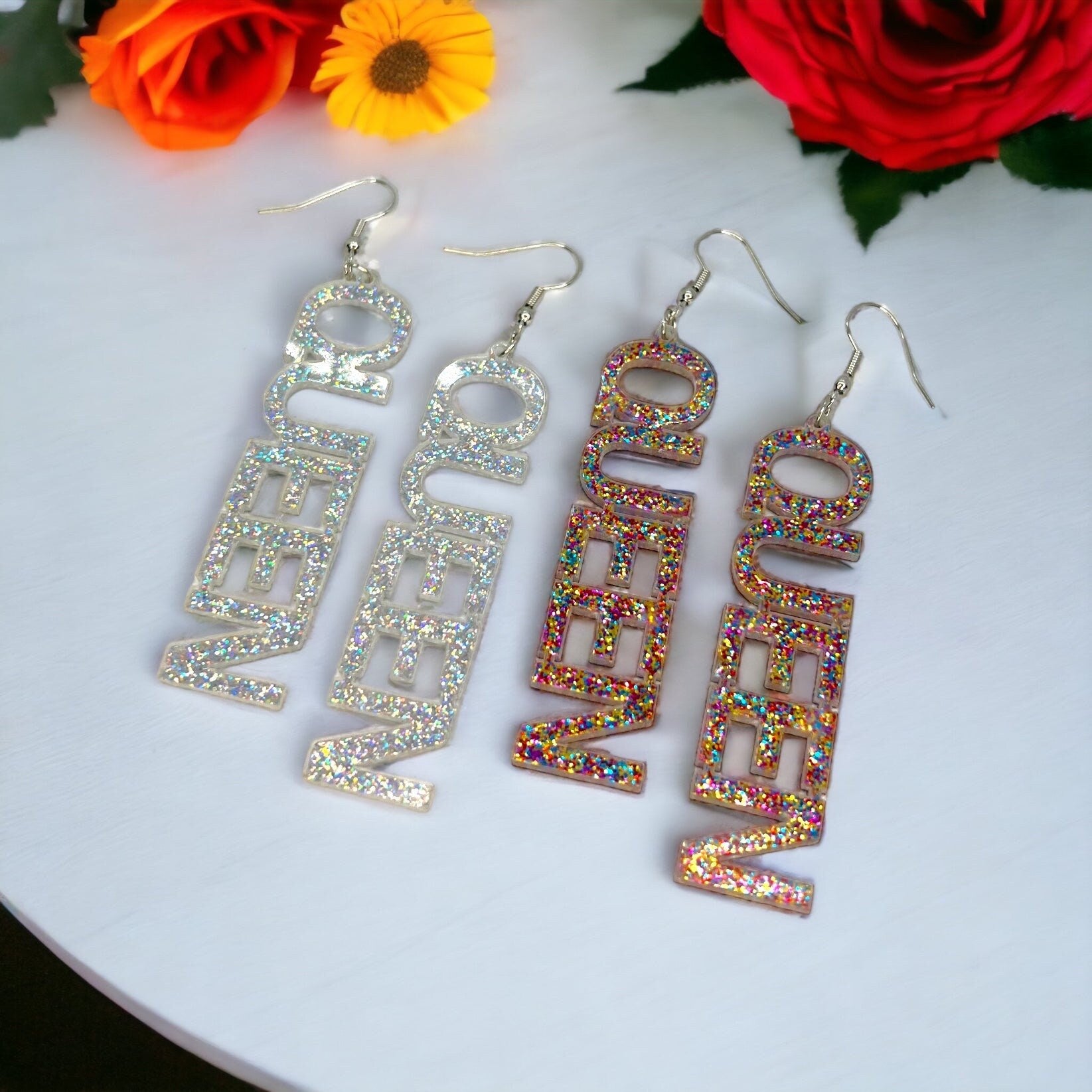 Queen Earrings - Birthday Queen, Bachelorette Earrings, Bachelorette Accessories, Queen Jewelry, Word Earrings, Glitter Earrings, Bride - Rhythms of Grace Creative