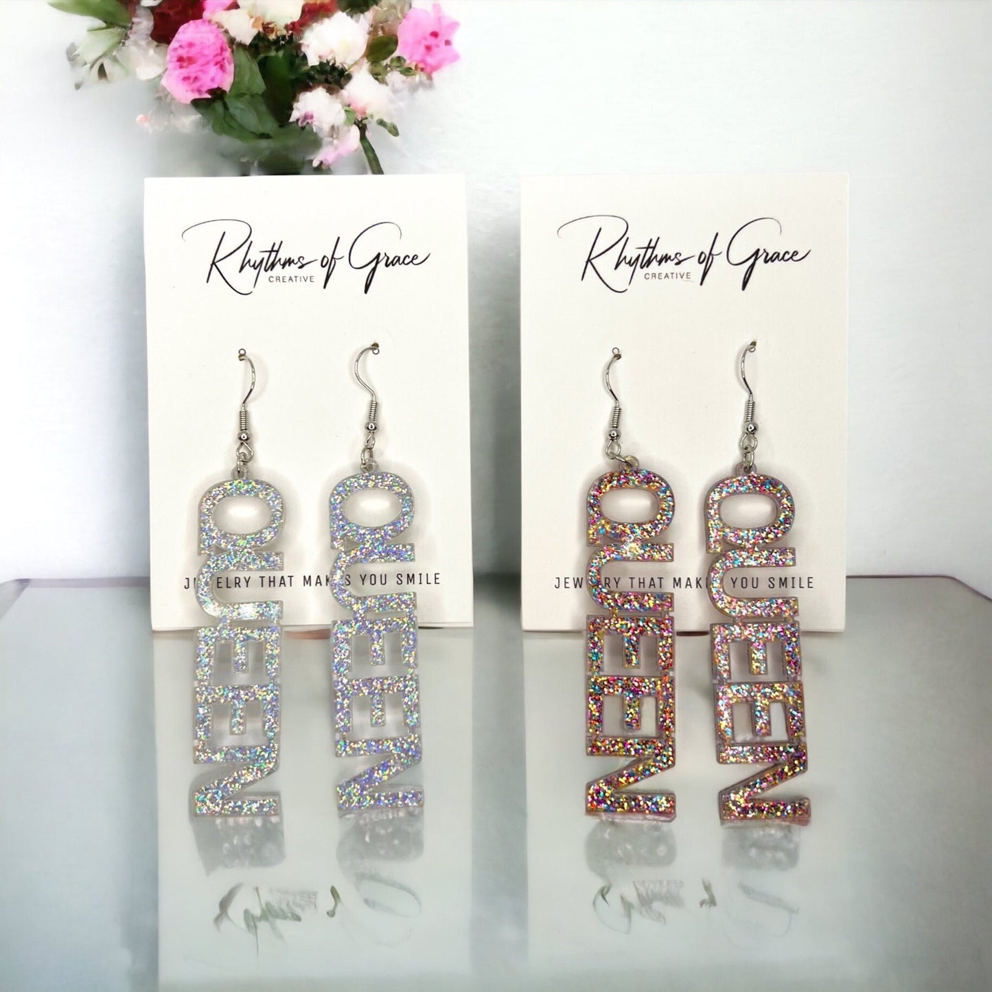 Queen Earrings - Birthday Queen, Bachelorette Earrings, Bachelorette Accessories, Queen Jewelry, Word Earrings, Glitter Earrings, Bride - Rhythms of Grace Creative