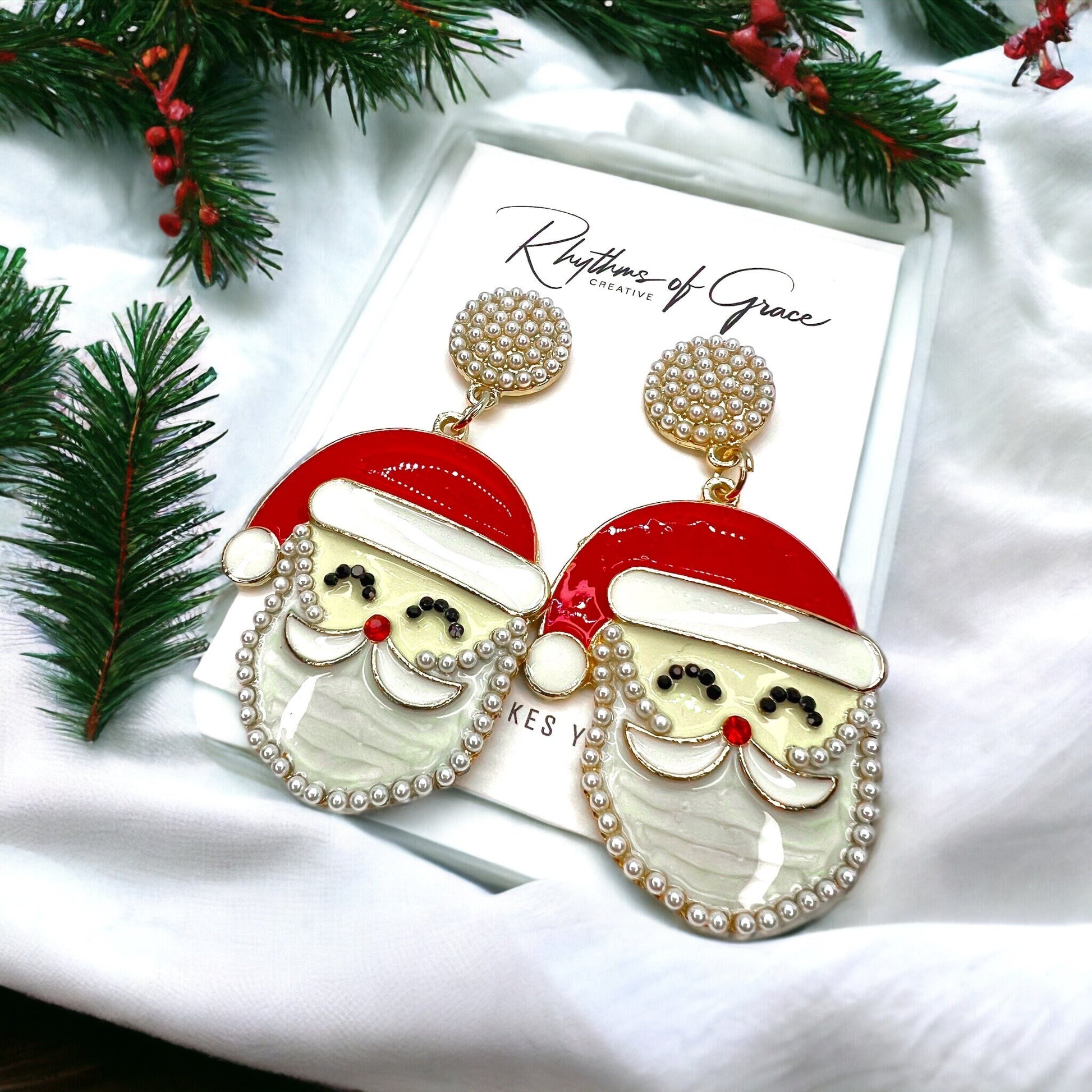 Santa Earrings - Santa Claus, Christmas Earrings, Rhinestone Santa, Christmas Jewelry, Black Santa, Christmas Jewelry, Handmade Earrings - Rhythms of Grace Creative