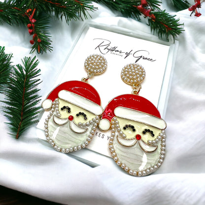 Santa Earrings - Santa Claus, Christmas Earrings, Rhinestone Santa, Christmas Jewelry, Black Santa, Christmas Jewelry, Handmade Earrings - Rhythms of Grace Creative