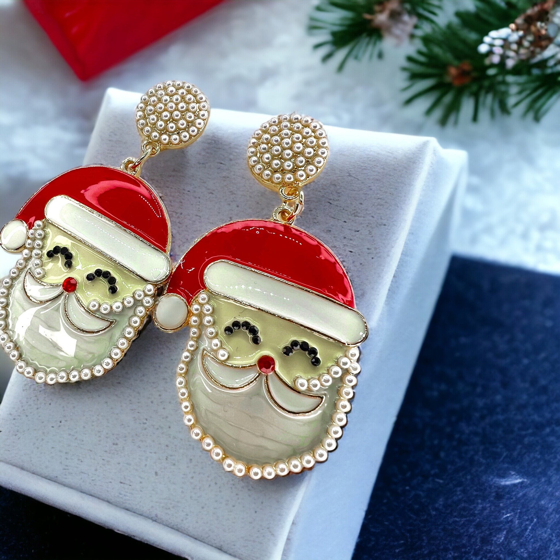 Santa Earrings - Santa Claus, Christmas Earrings, Rhinestone Santa, Christmas Jewelry, Black Santa, Christmas Jewelry, Handmade Earrings - Rhythms of Grace Creative