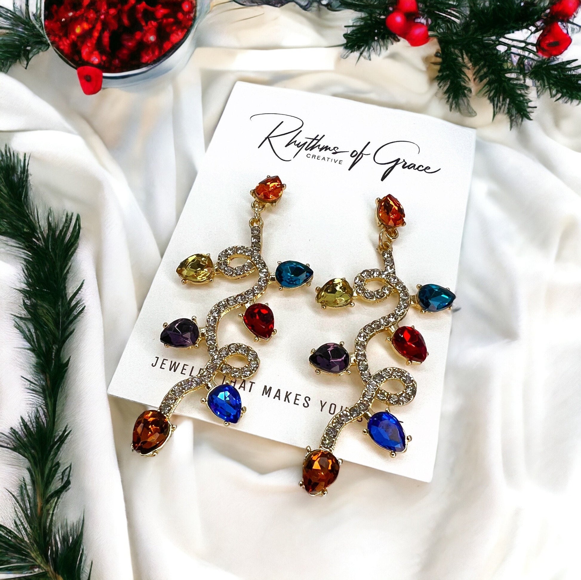 Christmas Lights Earrings - Christmas Earrings, Rhinestone Christmas, Christmas Jewelry, Christmas Jewelry, Handmade Earrings, Twinkle Light - Rhythms of Grace Creative