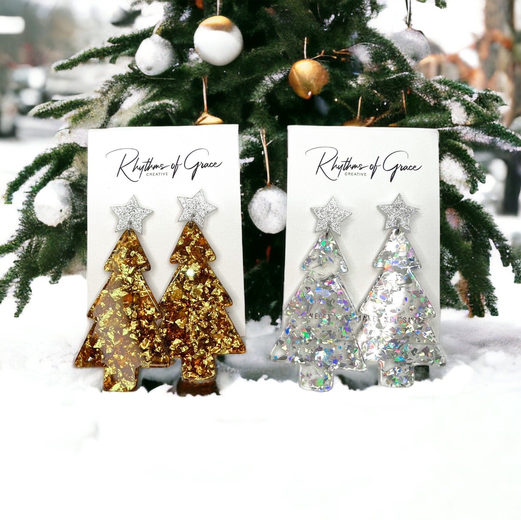 Christmas Tree Earrings - Christmas Earrings, Rhinestone Christmas, Christmas Jewelry, Christmas Jewelry, Handmade Earrings, Glitter Trees - Rhythms of Grace Creative