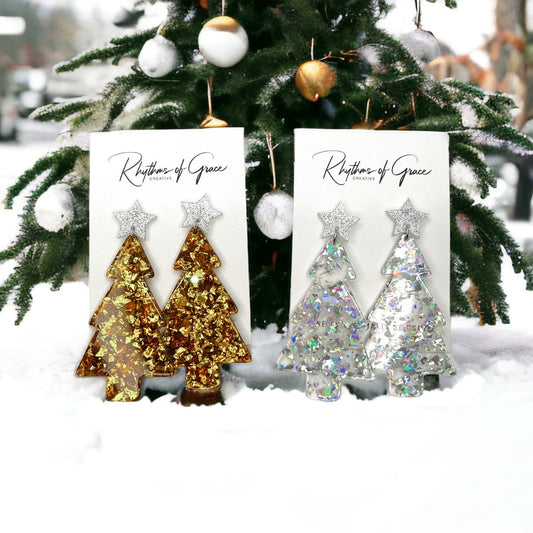 Christmas Tree Earrings - Christmas Earrings, Rhinestone Christmas, Christmas Jewelry, Christmas Jewelry, Handmade Earrings, Glitter Trees - Rhythms of Grace Creative