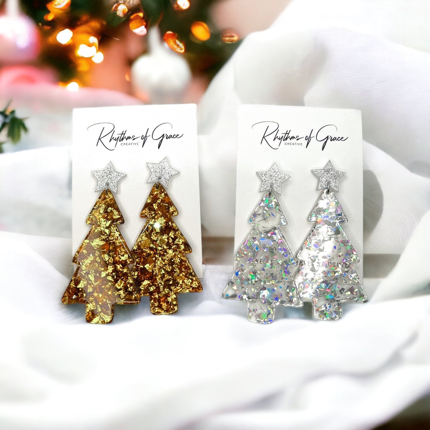 Christmas Tree Earrings - Christmas Earrings, Rhinestone Christmas, Christmas Jewelry, Christmas Jewelry, Handmade Earrings, Glitter Trees - Rhythms of Grace Creative