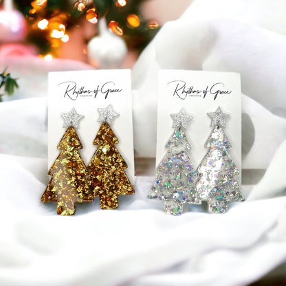 Christmas Tree Earrings - Christmas Earrings, Rhinestone Christmas, Christmas Jewelry, Christmas Jewelry, Handmade Earrings, Glitter Trees - Rhythms of Grace Creative