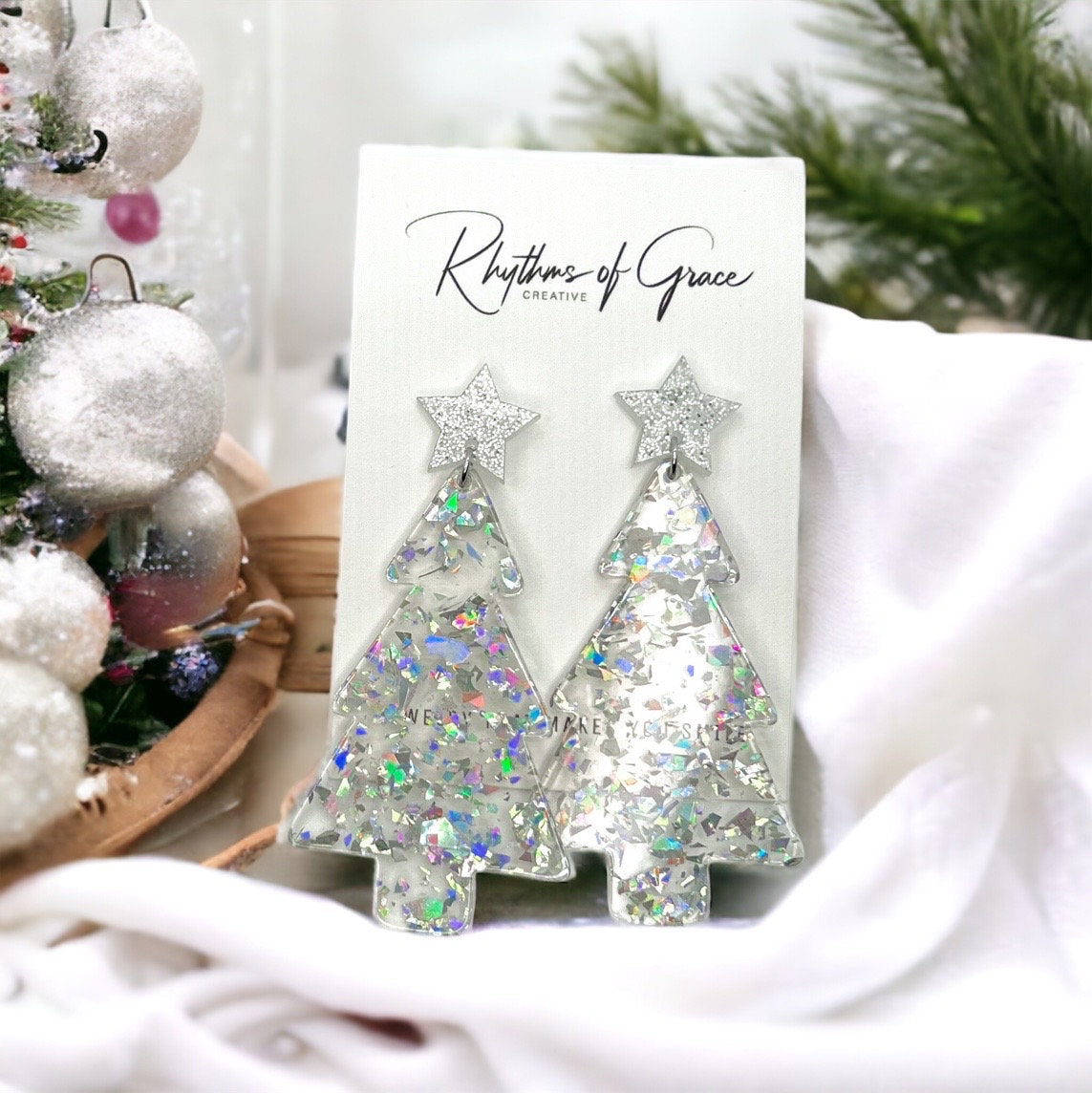 Christmas Tree Earrings - Christmas Earrings, Rhinestone Christmas, Christmas Jewelry, Christmas Jewelry, Handmade Earrings, Glitter Trees - Rhythms of Grace Creative