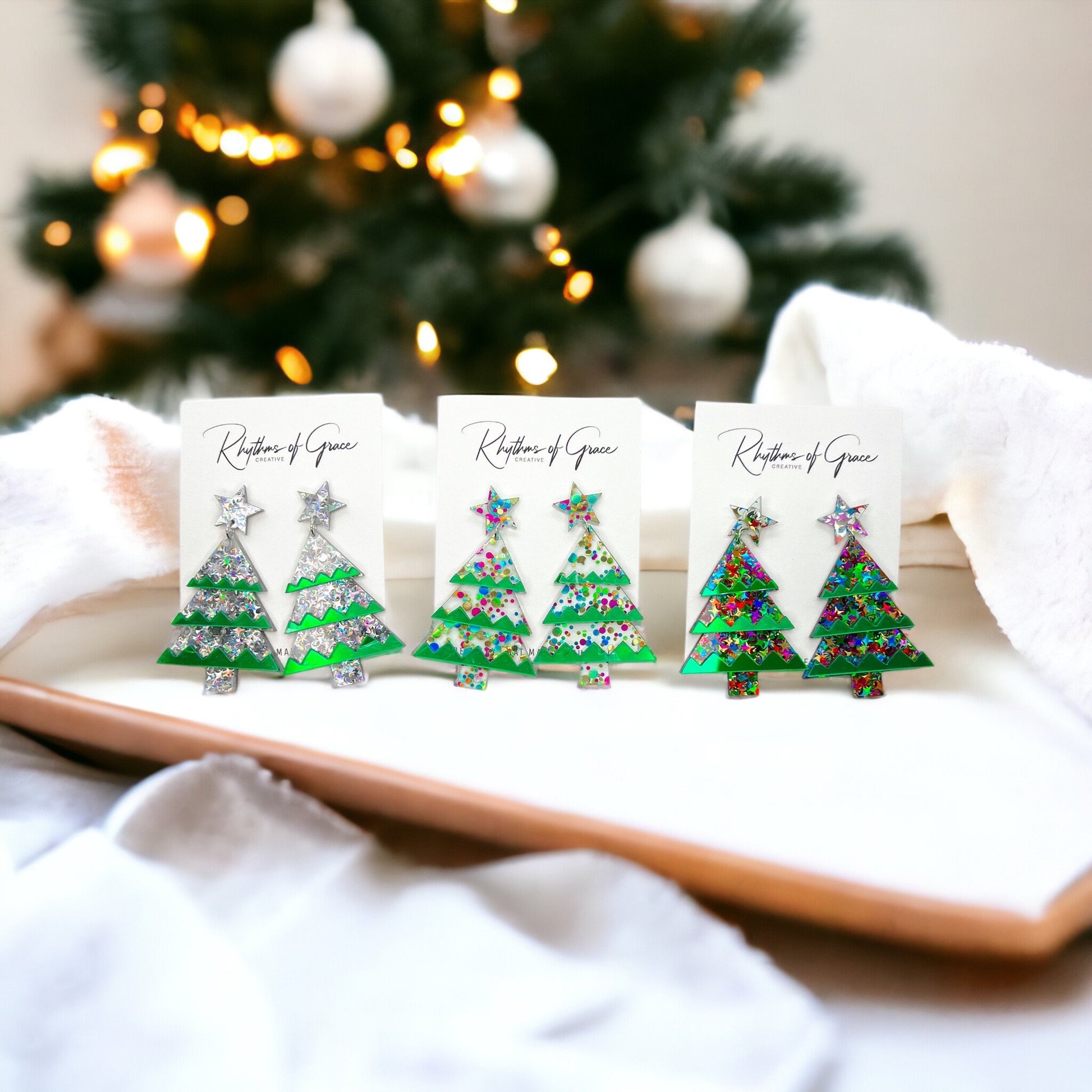 Glitter Christmas Tree Earrings - Christmas Earrings, Glitter Earrings, Christmas Jewelry, Sparkle Queen, Secret Santa, Holiday Earrings - Rhythms of Grace Creative