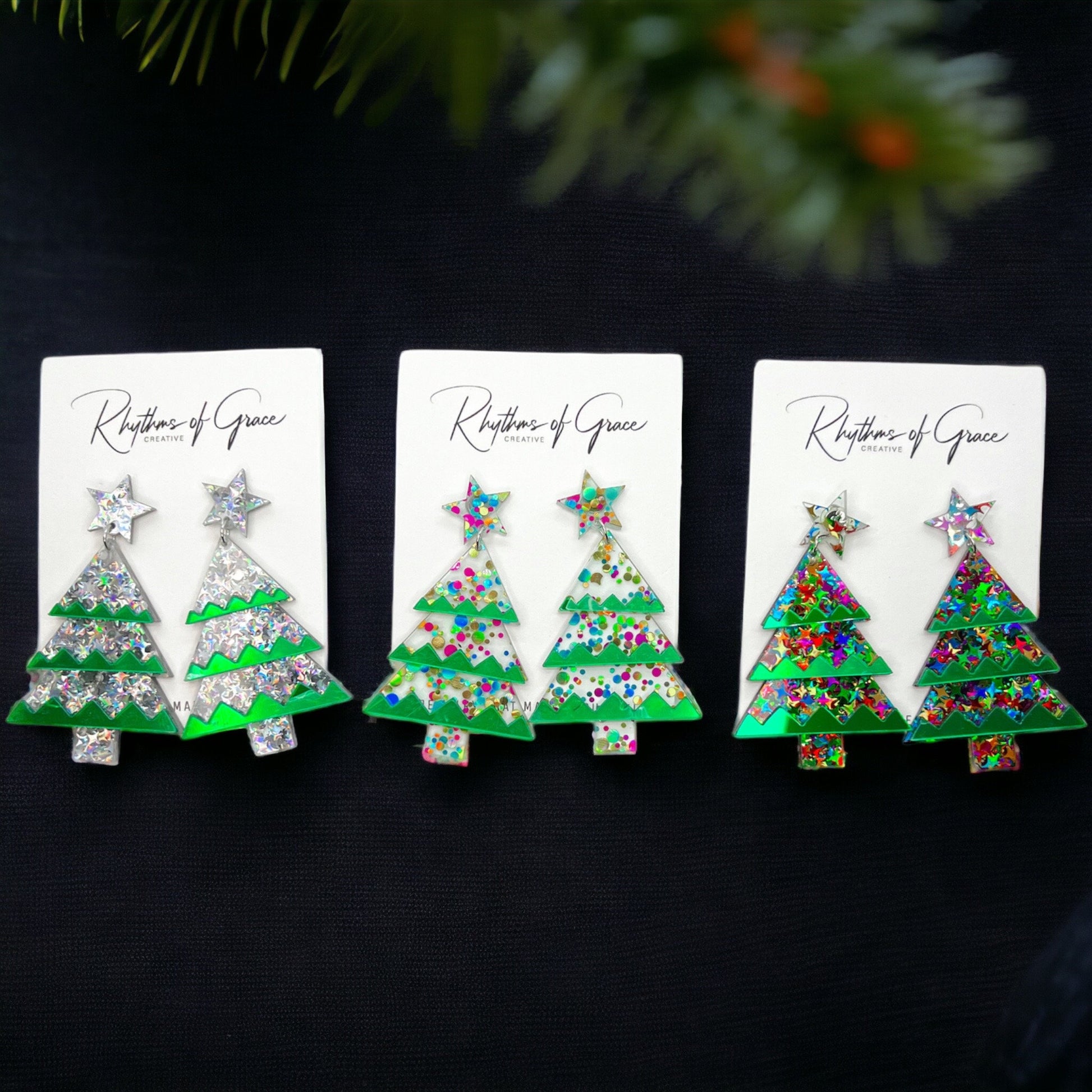 Glitter Christmas Tree Earrings - Christmas Earrings, Glitter Earrings, Christmas Jewelry, Sparkle Queen, Secret Santa, Holiday Earrings - Rhythms of Grace Creative