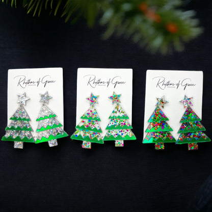 Glitter Christmas Tree Earrings - Christmas Earrings, Glitter Earrings, Christmas Jewelry, Sparkle Queen, Secret Santa, Holiday Earrings - Rhythms of Grace Creative