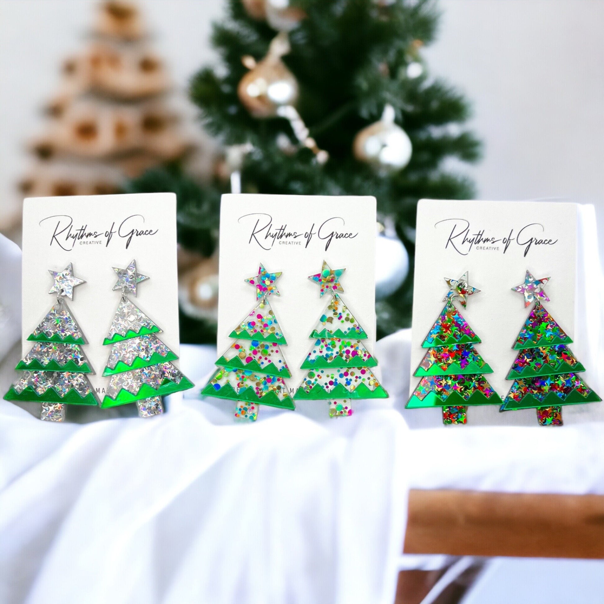 Glitter Christmas Tree Earrings - Christmas Earrings, Glitter Earrings, Christmas Jewelry, Sparkle Queen, Secret Santa, Holiday Earrings - Rhythms of Grace Creative