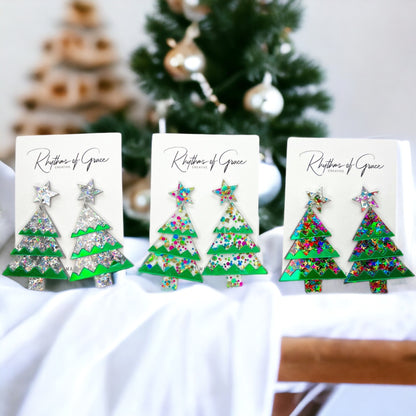Glitter Christmas Tree Earrings - Christmas Earrings, Glitter Earrings, Christmas Jewelry, Sparkle Queen, Secret Santa, Holiday Earrings - Rhythms of Grace Creative