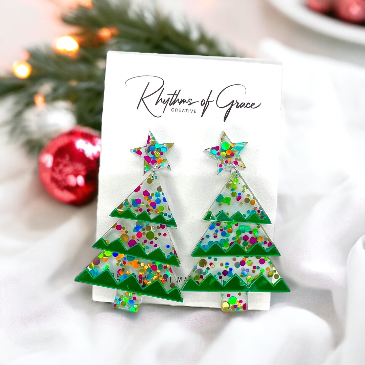Glitter Christmas Tree Earrings - Christmas Earrings, Glitter Earrings, Christmas Jewelry, Sparkle Queen, Secret Santa, Holiday Earrings - Rhythms of Grace Creative