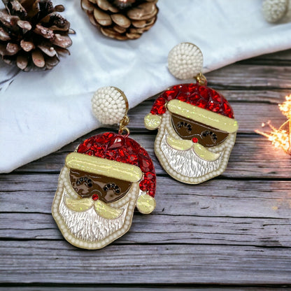 Santa Earrings - Santa Claus, Christmas Earrings, Rhinestone Santa, Christmas Jewelry, Black Santa, Christmas Jewelry, Handmade Earrings - Rhythms of Grace Creative