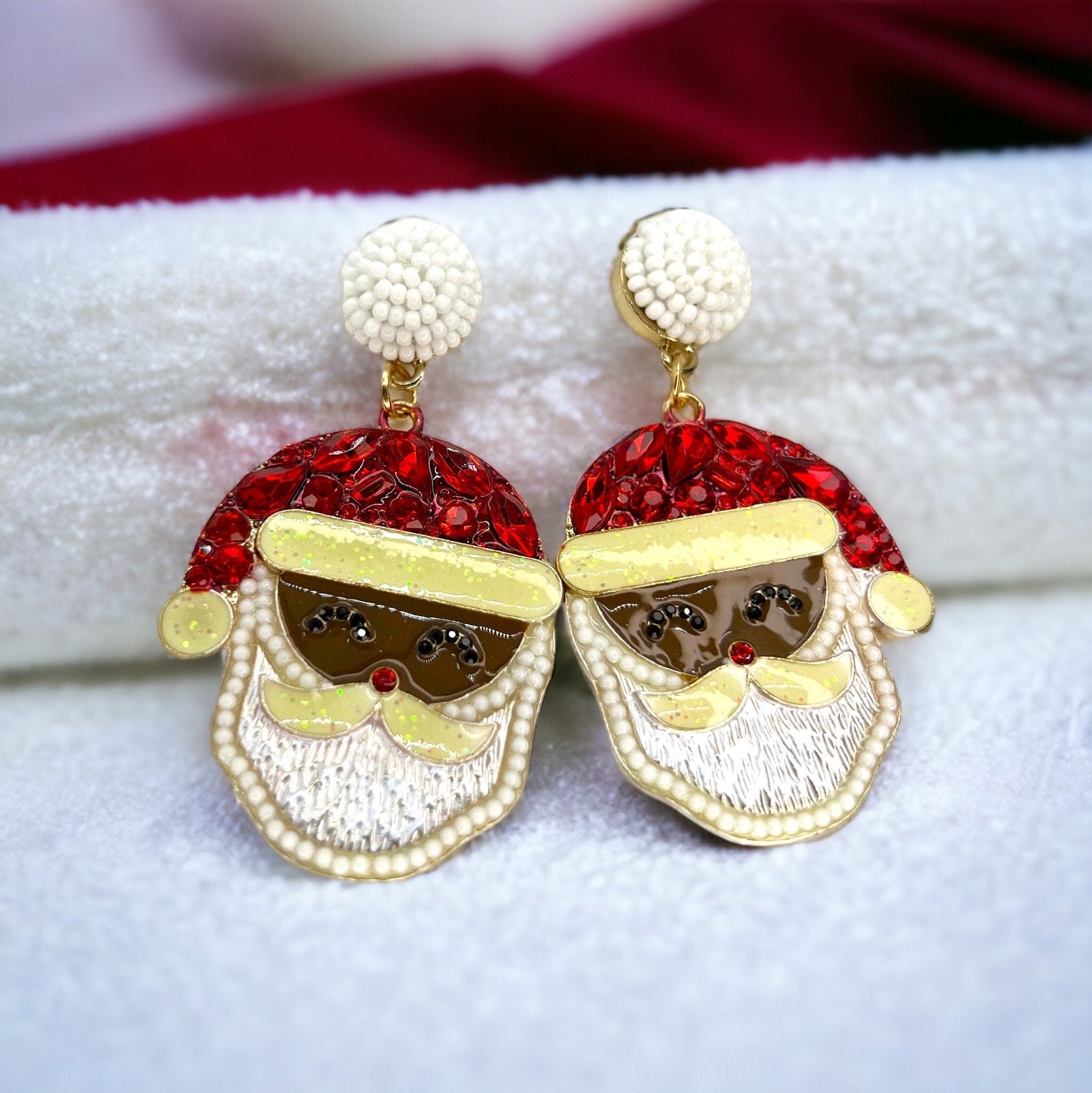 Santa Earrings - Santa Claus, Christmas Earrings, Rhinestone Santa, Christmas Jewelry, Black Santa, Christmas Jewelry, Handmade Earrings - Rhythms of Grace Creative