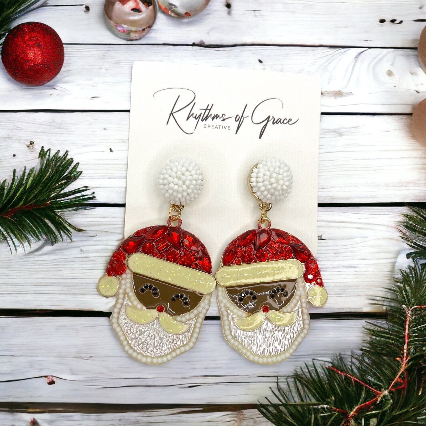 Santa Earrings - Santa Claus, Christmas Earrings, Rhinestone Santa, Christmas Jewelry, Black Santa, Christmas Jewelry, Handmade Earrings - Rhythms of Grace Creative