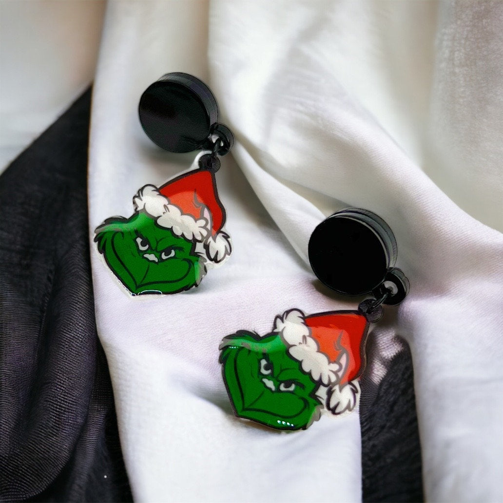 Mean One Earrings - Santa Hat, Christmas Earrings, Christmas Jewelry, Christmas Jewelry, Handmade Earrings, Green Earrings - Rhythms of Grace Creative