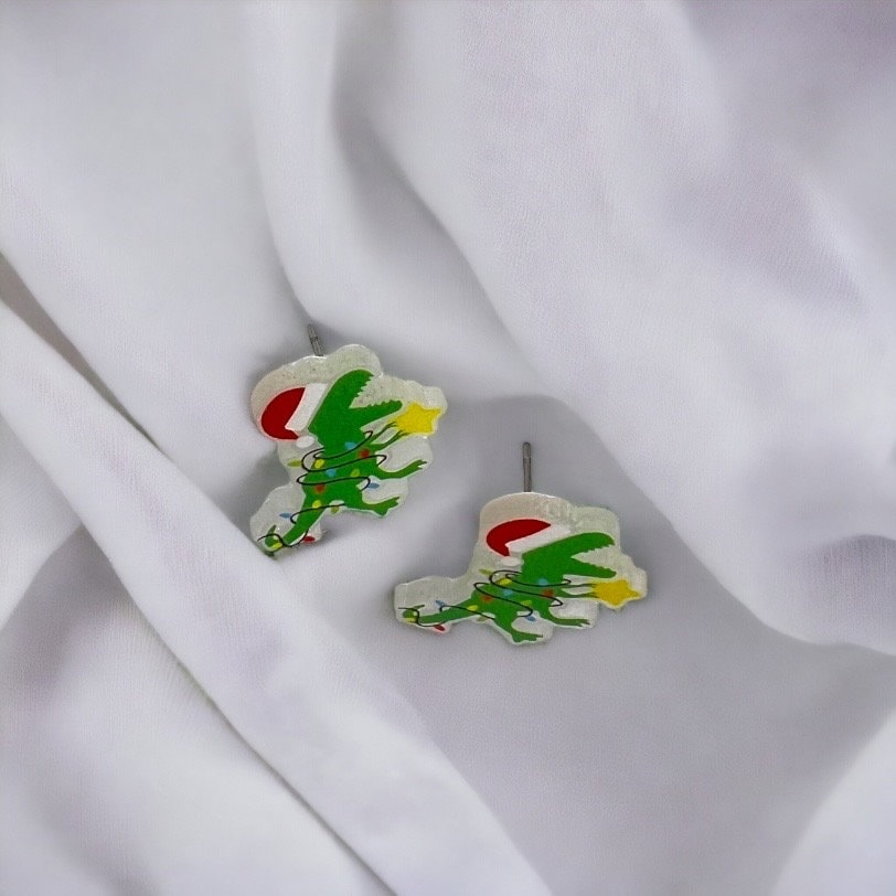Christmas Dinosaur Earrings – Festive Dino Studs for the Holidays! 🎄🦖 - Rhythms of Grace Creative