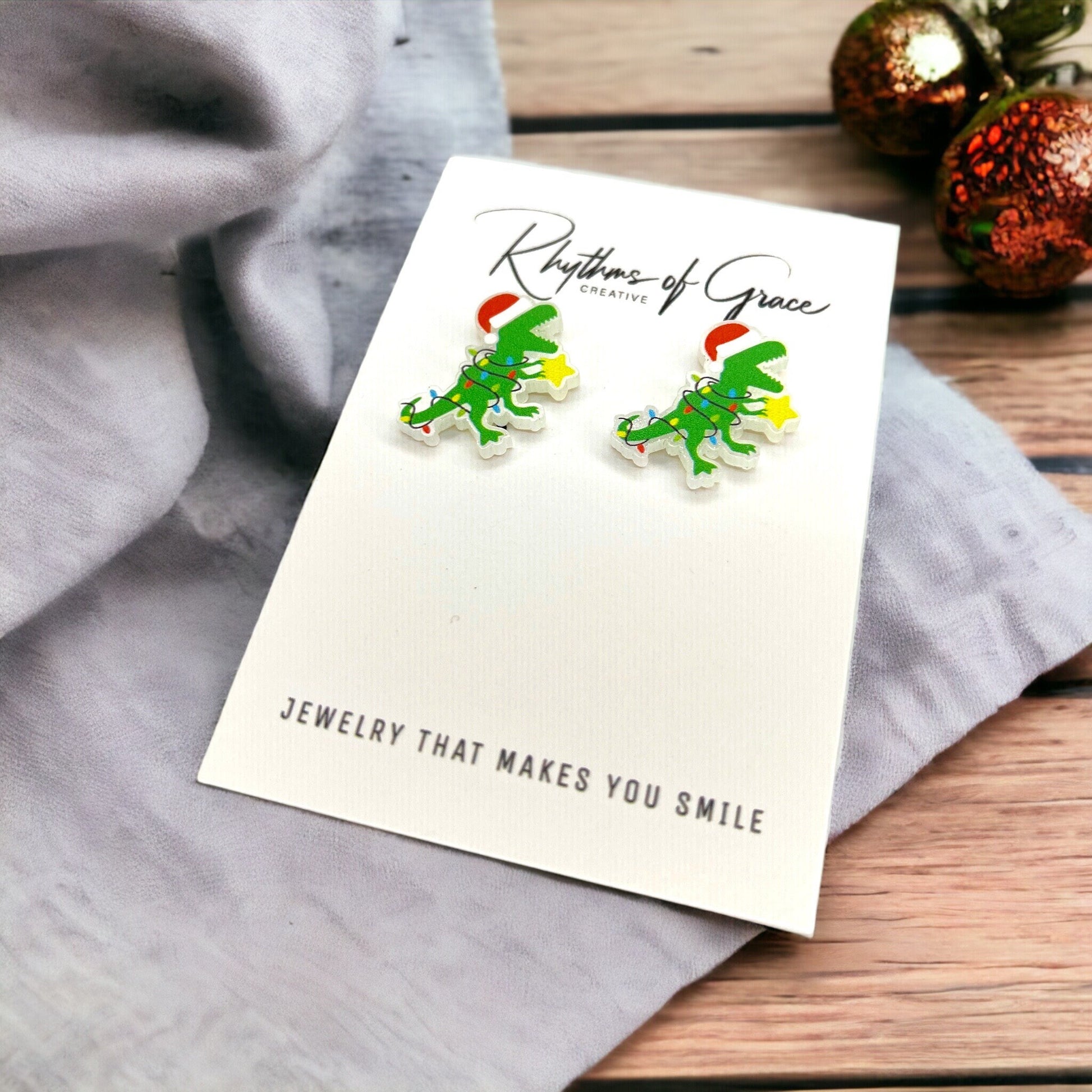 Christmas Dinosaur Earrings – Festive Dino Studs for the Holidays! 🎄🦖 - Rhythms of Grace Creative