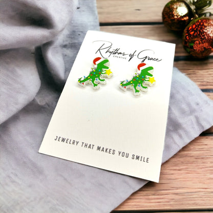 Christmas Dinosaur Earrings – Festive Dino Studs for the Holidays! 🎄🦖 - Rhythms of Grace Creative