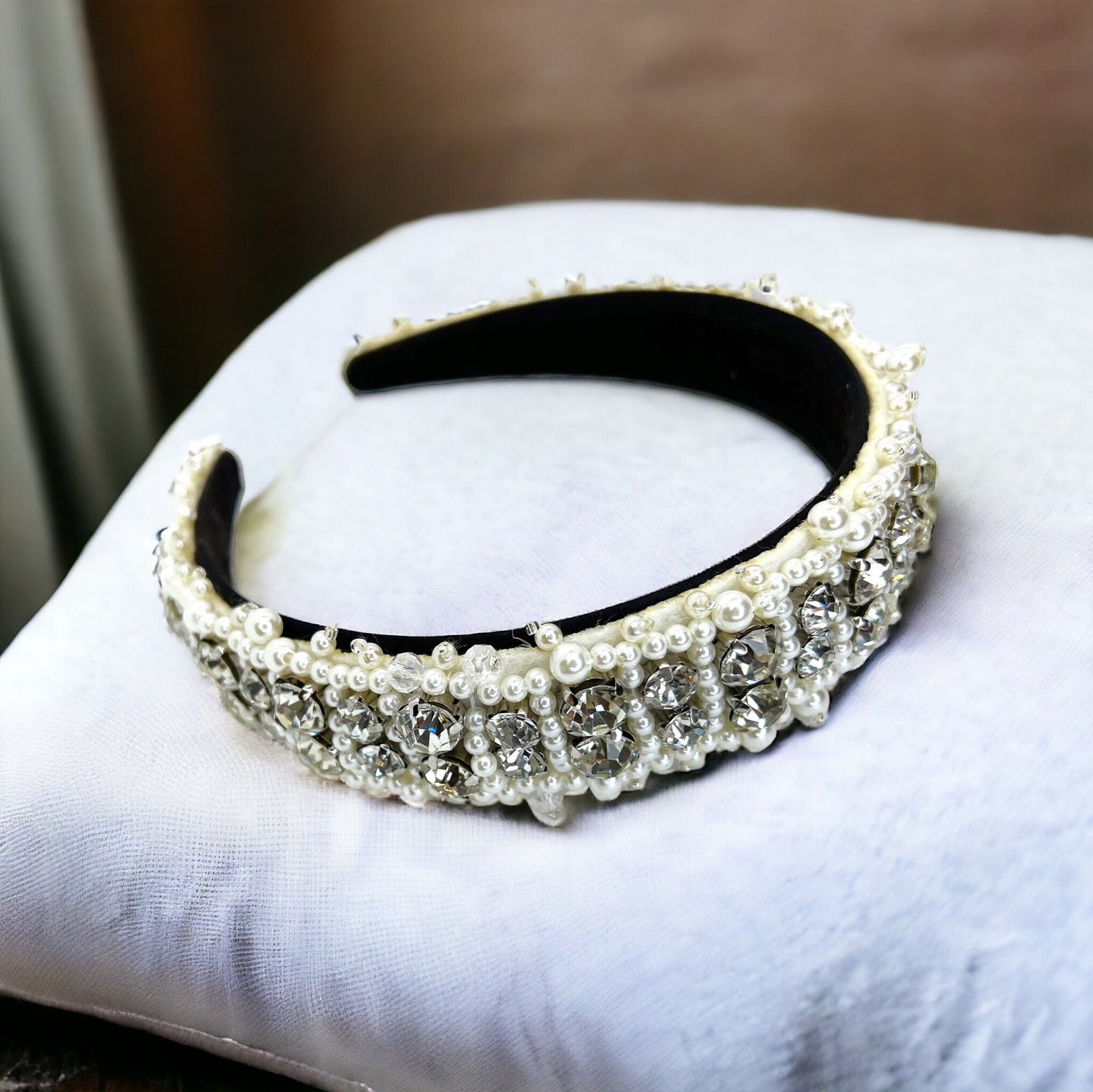 Beaded White Headband - Bridal Shower, Bridal Headpiece, Beaded Headband, Pearls and Rhinestones, Pearl Headband, Rhinestone Headband, Ivory - Rhythms of Grace Creative