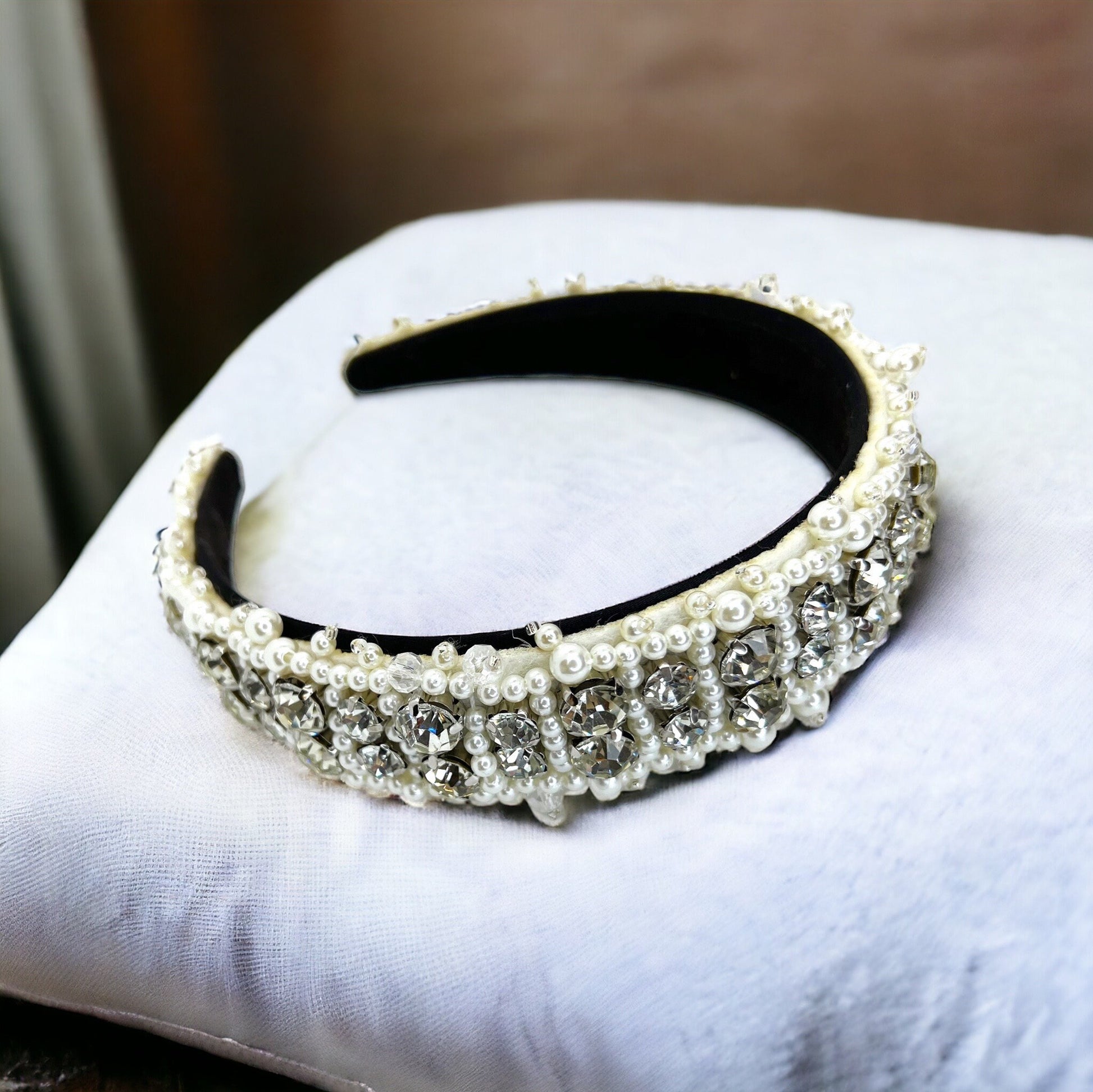 Beaded White Headband - Bridal Shower, Bridal Headpiece, Beaded Headband, Pearls and Rhinestones, Pearl Headband, Rhinestone Headband, Ivory - Rhythms of Grace Creative