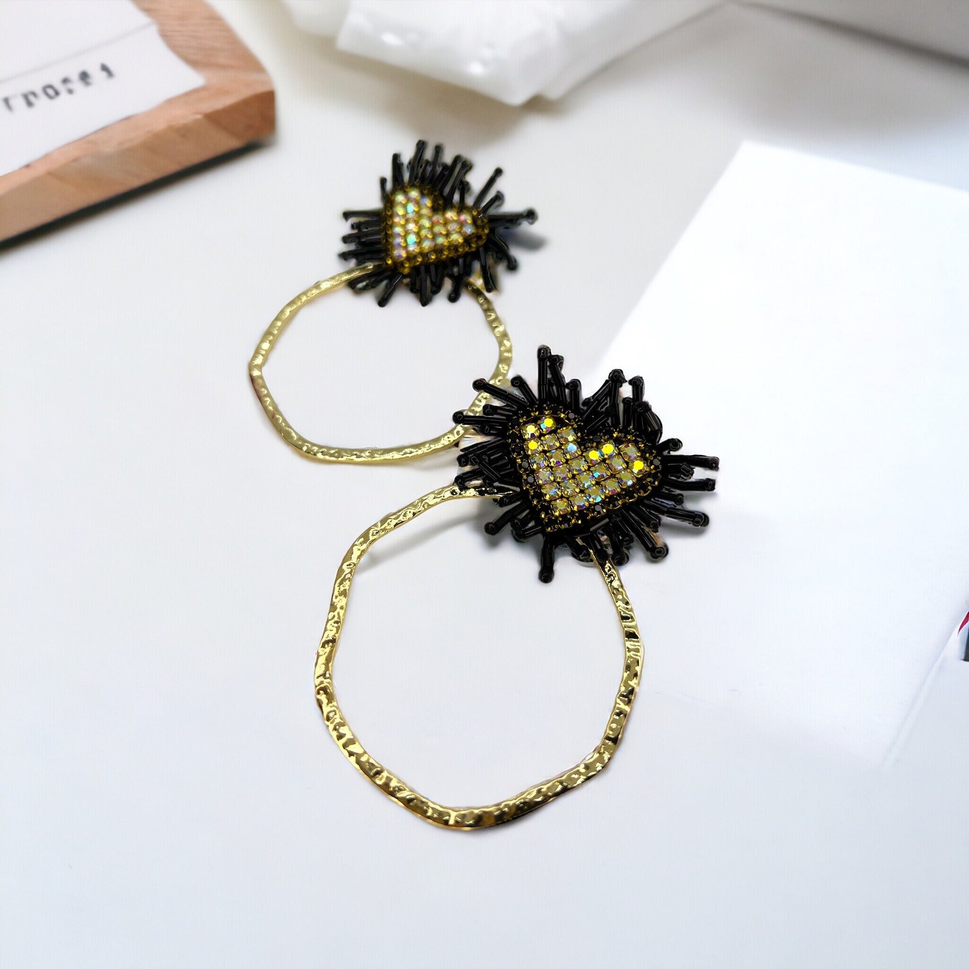 Heartfelt Glam: Pink, Black & Gold Beaded Heart Earrings for Love & Style! - Rhythms of Grace Creative