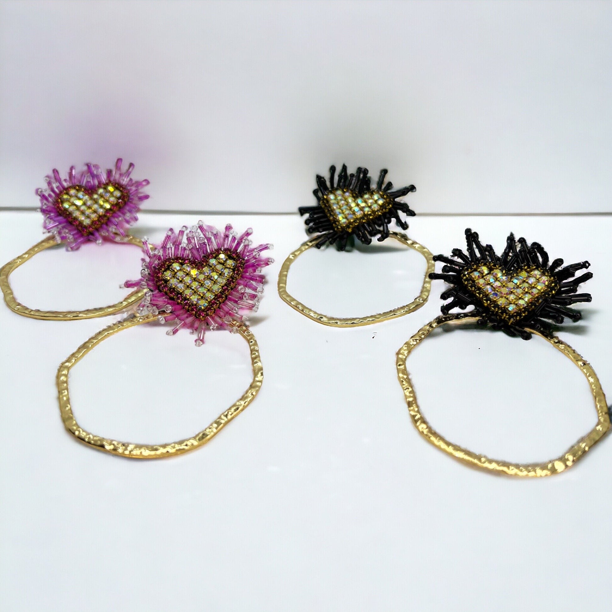 Heartfelt Glam: Pink, Black & Gold Beaded Heart Earrings for Love & Style! - Rhythms of Grace Creative