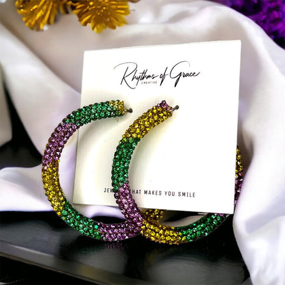 Mardi Gras Hoops - Mardi Gras Beads, New Orleans, Purple Green Gold, Mardi Gras Jewelry, Parade Outfit, Mardi Gras Earrings, Glitter Hoops - Rhythms of Grace Creative
