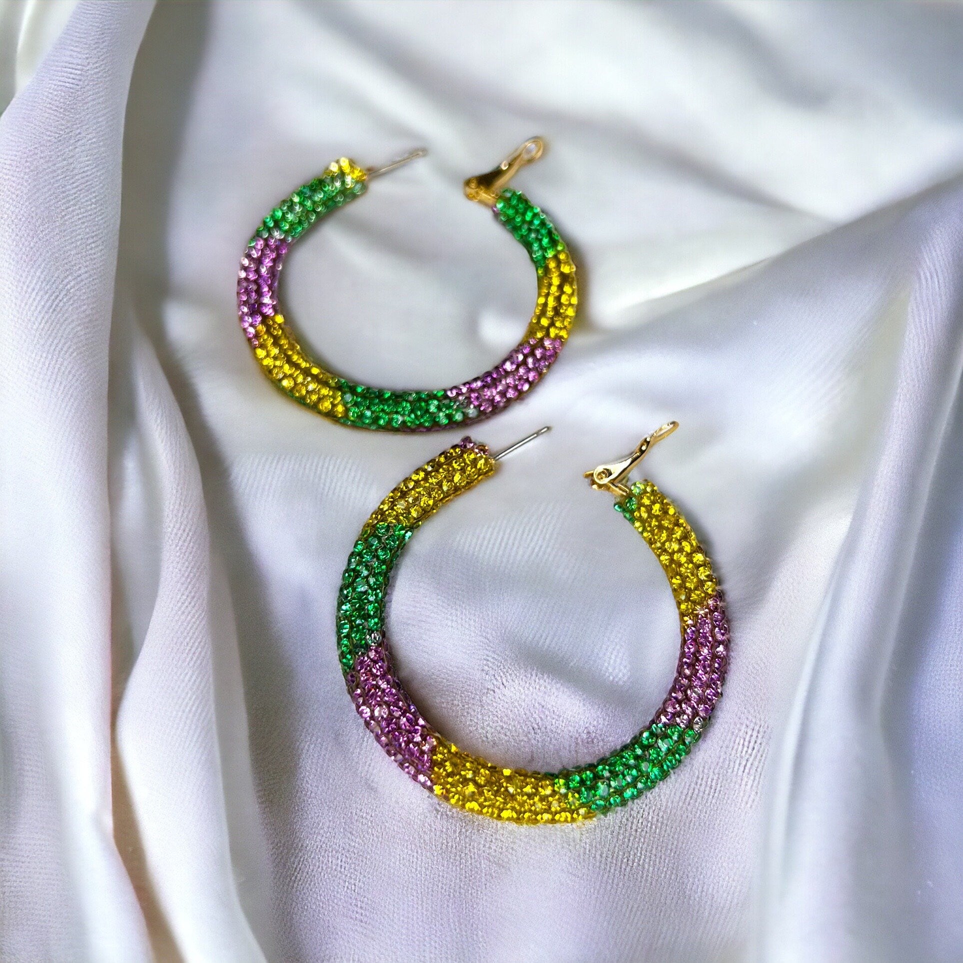 Mardi Gras Hoops - Mardi Gras Beads, New Orleans, Purple Green Gold, Mardi Gras Jewelry, Parade Outfit, Mardi Gras Earrings, Glitter Hoops - Rhythms of Grace Creative