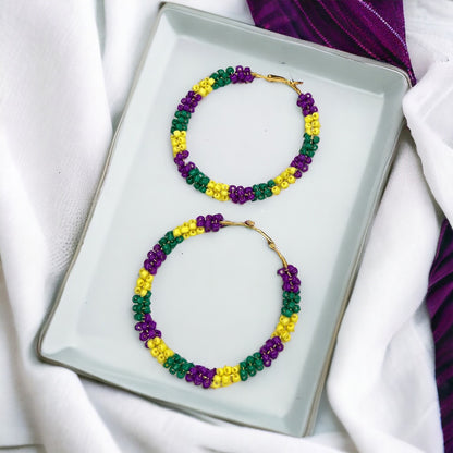 Mardi Gras Hoops - Mardi Gras Beads, New Orleans, Purple Green Gold, Mardi Gras Jewelry, Parade Outfit, Mardi Gras Earrings, Glitter Hoops - Rhythms of Grace Creative